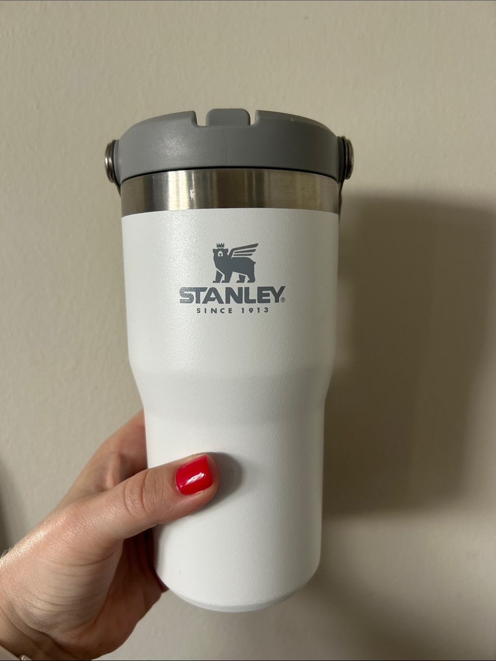 Stanley White Tumbler with Gray Lid and Stainless Trim 20 oz